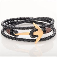 Load image into Gallery viewer, AK Nautics Gold Anchor Bracelet Black Leather
