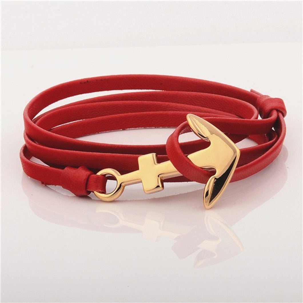AK Nautics Gold Anchor Bracelet Red Leather