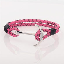 Load image into Gallery viewer, AK Nautics Silver Anchor Bracelet Black &amp; Pink Leather
